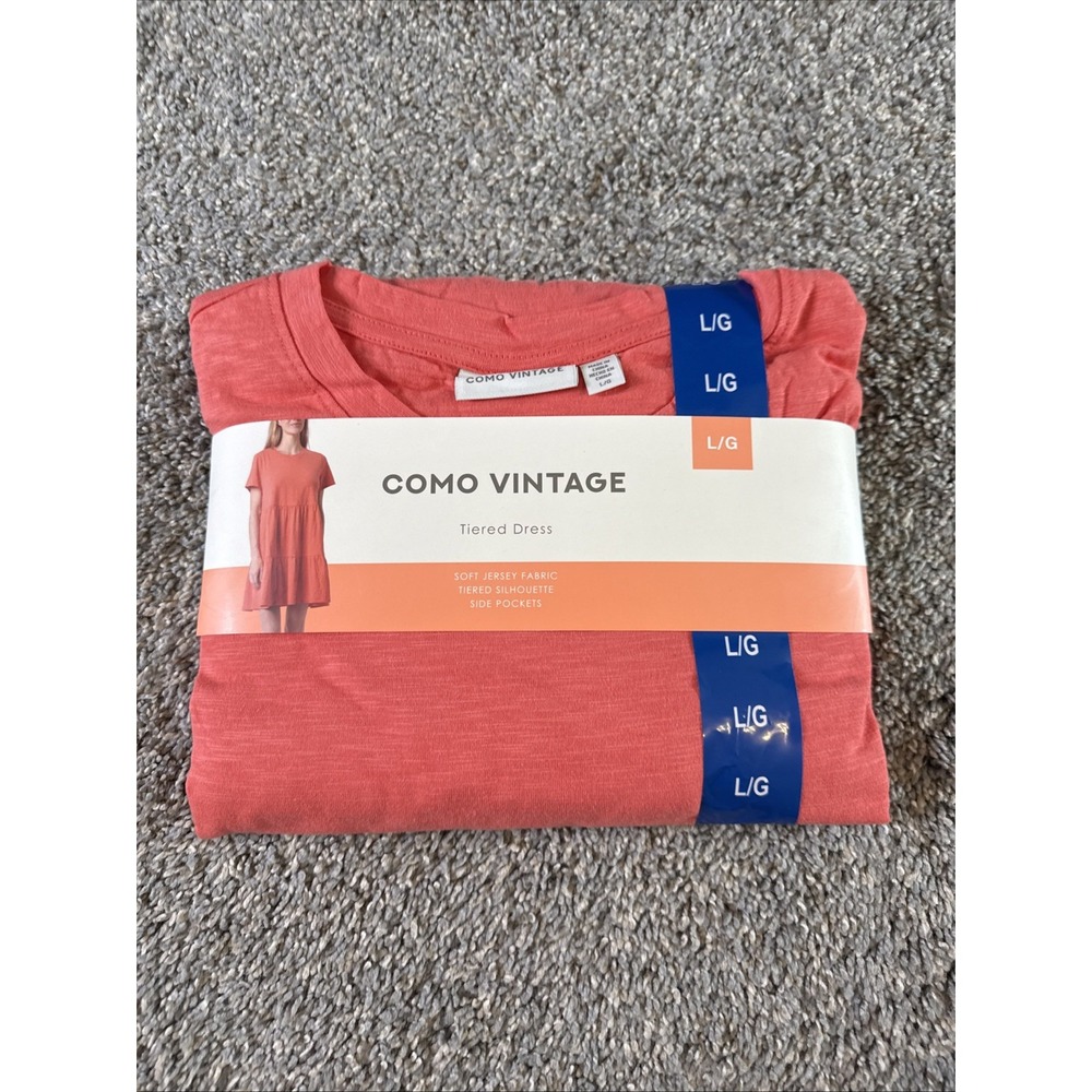 Como Vintage Women's Tiered Spring Dress Short Sleeve Pink Coral Size L New